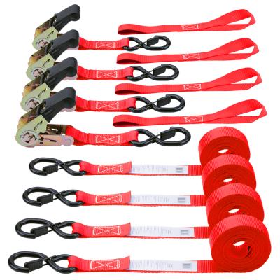 China Red Polyester 1Inch 4 PK Cargo Lashing Belt Strap Tie Down Strap Packed In Color Box for sale