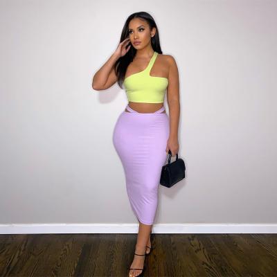 China Lagerfe S238118W Sustainable Neon Solid Set One Shoulder Crop Top Skirt Sexy Bodycon Fashion 2022 New Arrival 2 Piece Women Outfits Apparel for sale