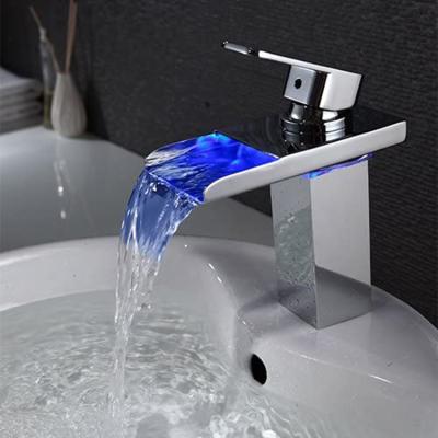 China Faucets Waterfall Bathroom Sink Faucet Electric Mixer Tap LED Color Changing Faucet Light for sale