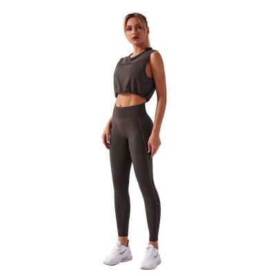 China Wholesale Breathable Active Clothing Women Seamless Yoga Wear Set Workout Sports Vest Waist Gaiters Pants Top 2pcs Gym Fitness Sets for sale