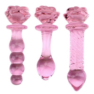 China Women Vagina Sex Toys Hot Selling Rose Flower Female Penis Synthetic Glass Dildo Glass Toy Sex Toys Butt Plug for sale