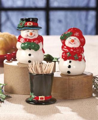 China Toothpick Holder Christmas Suppliers Tableware Snowman Salt and Pepper Set with Ceramic Toothpick Holder Rack for sale