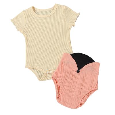 China Breathable Toddler 0-2 Years Summer Sets Girls Solid Ribbed Short Sleeve Romper + Shorts MH1358 for sale