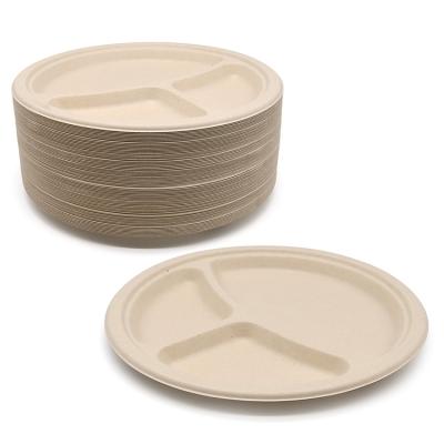 China Disposable Microwavable Waterproof Biodegradable Bagasse 3 Compartment Pulp Dishes for sale