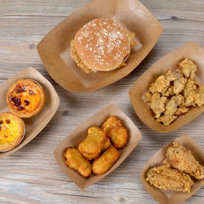 China Custom Made Biodegradable Open Vessel Shaped French Fried Chicken Kraft Paper Snack Tray for sale