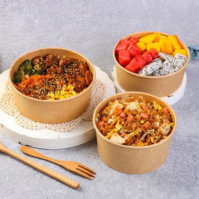 China Round Packing Container Disposable Stackable Kraft Paper Salad Bowl With Lid And PE Liner for sale