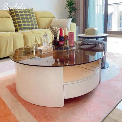 China Durable Modern Simple Furniture Living Room Set Round Glass Coffee Table Coffee Table With Drawer for sale