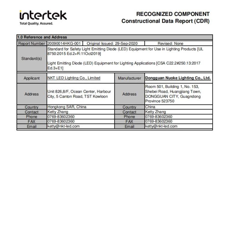 ETL - Dongguan Nuoke Lighting Co., Ltd.