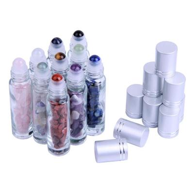 China Personal Care 10ml Gemstone Essential Oil Roller Bottles Natural Semi-Precious Stones Roll-On Sheath Clear Glass Bottles With Silver Caps for sale