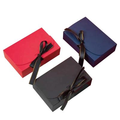 China Recyclable Custom logo luxury flap open clothing paper box foldable  gift boxes with black ribbon  envelope for sale