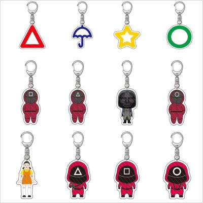 China Halloween Cosplay Horror TV Characters Korean Red Man Key Chains Masked Man Squid Pendant Game Key Chain for sale