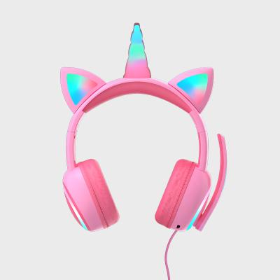 China Unicorn Cat Ear Design And RGB LED Light Pink Cable Cute Cat Ear Gaming Headphones Rgb Headset With Mic Headset For Girls for sale