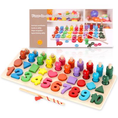 China Eco-friendly Montessori Math Material Funny Wooden Puzzle For Kids Baby 4 In 1 Board Fishing Count Sorting And Stacking Educational Toys for sale