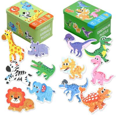 China Eco-friendly material dinosaur tin box puzzle animal preschool education toy for sale