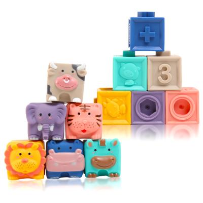 China Soft Baby Food Grade Silicone Funny Teethers Building Blocks Material Eco-friendly Stacker Toys Sensory Stacking Blocks for sale