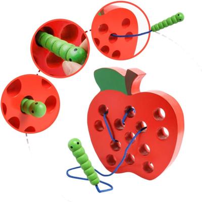 China Apple Fruit Eco-friendly Material Toy Baby Puzzle Threading Game Wooden Lacing Toy Montesorri Educational Toys for sale