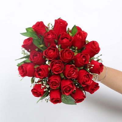 China Natural Touch 24heads Champagne Silk Roses Bride Bouquet Decoration Artificial Flowers For Wedding for sale