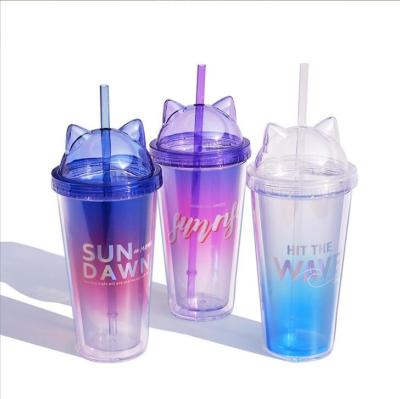 China Cat Ear Lids Double Wall Tumbler Laser Cups PET Viable Plastic Film Mugs With Straw Custom Logo Plastic Water Bottle Wholesale for sale