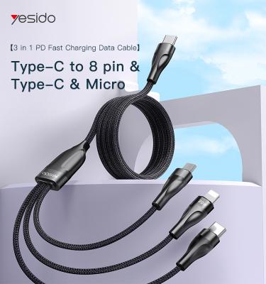 China Multi Function Data Transfer Cable YESIDO High Capacity 3 In 1 Three In A Fast Charging Type-C Data Support PD USB Cable for sale