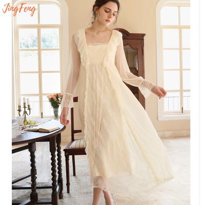 China New Style Ladies Soft French Modal Luxury Design Breathable Lace Long Soft Nightgown Mesh Homewear Long Sleeve Nightgown for sale