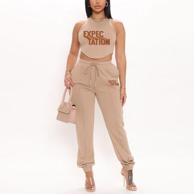 China Custom Logo Joggers Breathable 2 Piece Cotton Crop Top Set High Quality Workout Women's Tank Tracksuit Set for sale