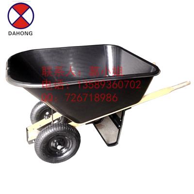 China WH8802 Larger Big Capacity Two Metal Wheels Super Wood Handle Power Thick Plastic Wheelbarrow For Pick Fishing Transport for sale