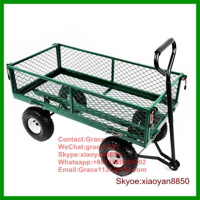 China Large Capacity 4 Wheel Metal Garden Tools 300kg Steel Detachable Side Garden Trolley Hand Cart Heavy Duty Metal Wheelbarrow For Sale for sale