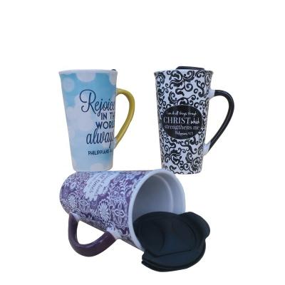 China Sustainable Ceramic Travel Take Out Outdoor Mug With Silicone Lid And Sleeve Wrap Mug With Plastic Lid for sale