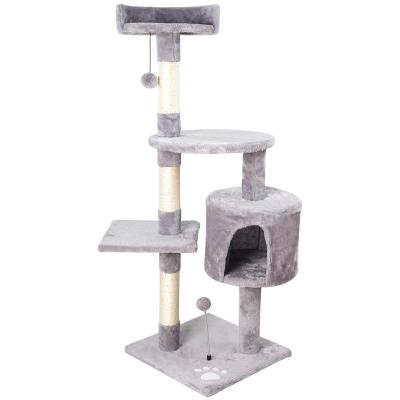 China Large Stocked Wooden Cat Tree Gray Outdoor Cat Tower with Sisal Covered Scratching Post Cat Condos Stand with Toys for sale