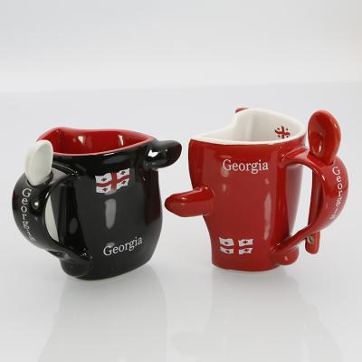 China Viable Hugging Couple Mug Small Size With Spoon Logo Ceramic Couple Gift Set Customized Coffee Mug for sale