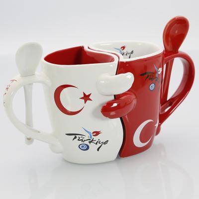 China Viable Hugging Mug With Spoon Logo Ceramic Couple Gift Set Customized Coffee Cup for sale