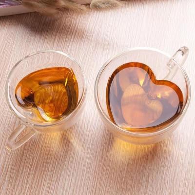 China Heart-shaped glass clear glass beer stocked cup 240ml Valentine's Day gift tea beer 180 coffee mug transparent double wall wholesale for sale