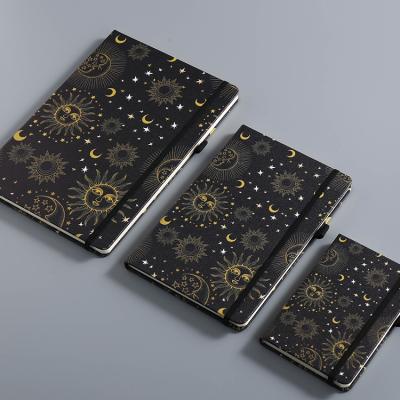 China Hard Cover Book Printing Logo A5 Size Hard Cover Elastic Band Custom Black Starry Sky PU Leather Notebook for sale