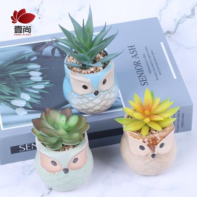 China Eco-friendly Faux 4pcs Artificial Succulent Plants In Ceramic Owl Pot ES1214 for sale