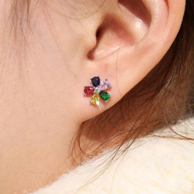 China KRKC Wholesale Hypoallergenic Women's Minimalist Colorful CZ Crystal Zirconia Rainbow Flower Non-fading Stud Earrings for sale