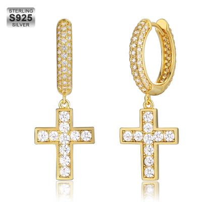 China KRKC Wholesale Non-fading Luxury Customize Gold Plated Zirconia 925 Sterling Silver Cross Pendant Earring Drop Earrings Women Jewelry for sale