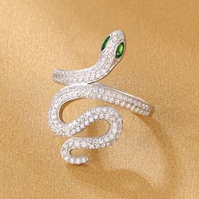 China wholesale Non-fading Ladies Animal Jewel Iced Out Green Eye Wrap Snake Shaped Rings Cubic Zirconia Gold 925 Sterling Silver Snake Ring for sale