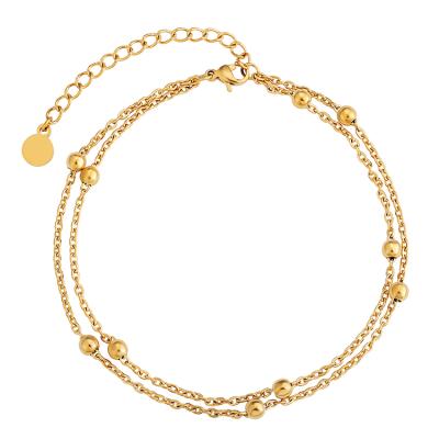 China 2021 KRKC Summer Fashion Women Stainless Steel Non-fading Adjustable Foot Jewelry 18k Gold Plated Double Chain Anklets With Beaded for sale