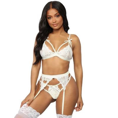 China Dot Embroidery Hollow Out Joint Sexy Women's Hot Sale White Lace Lingere Transparent Romance Lingerie Set With Garter for sale