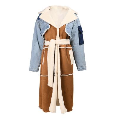 China Fall 2022 New Reversible Fur Coats For Ladies Shear Women Quilted Thick Padded Jean Jacket Long Denim Jacket Lamb Fur Collar Coat for sale