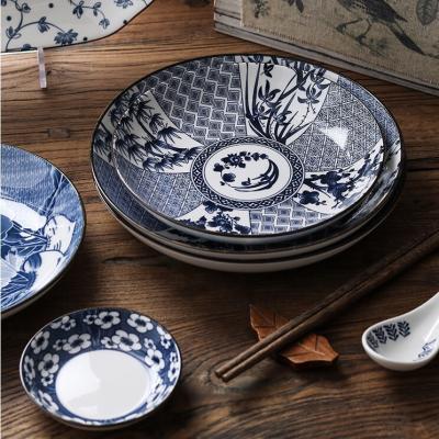 China Sustainable Home Japanese Style Restaurant Ceramic Dinner Plate Deep Blue And White Set Of Dishes for sale