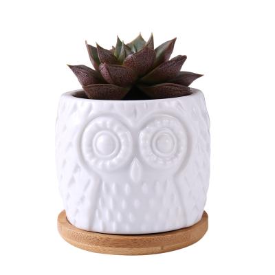 China Modern cute animal ceramic wihte owl shape round flower pots and planters with bamboo tray for sale