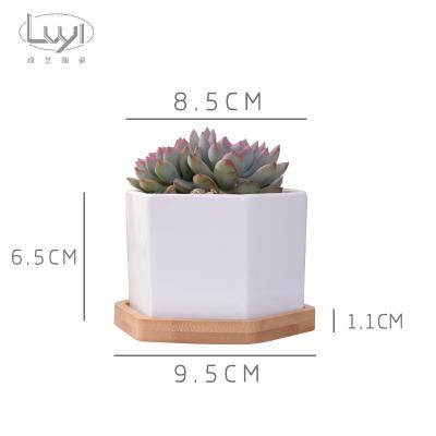 China Chaozhou modern high quality white ceramic hexagon succulent flower pot with bamboo tray for sale