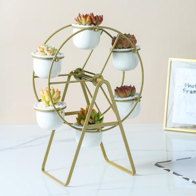 China Wholesale CLASSIC Iron Art Ferris Wheel Ceramic Succulent Garden Planter Pot With Stand Small for sale