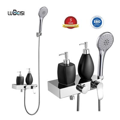 China High Quality Unique Design Functions Cheapest Bathroom 2 Slide Bar Shower Faucets Mixer Set With Shelf for sale