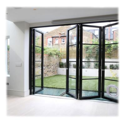 China Modern Design Waterproof Exterior Flexible Balcony Track Aluminum Glass 3 Panel Sliding Patio Bifold Door for sale