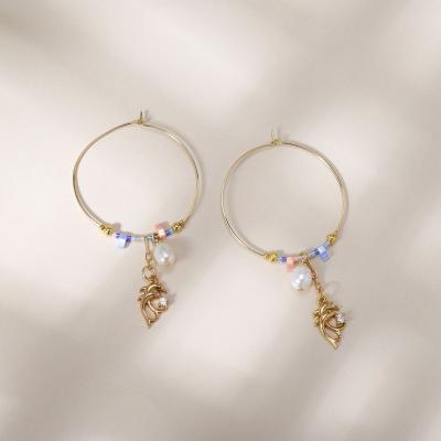 China TT Romantic Jewelry Cute Gold Dolphin Drops Pearl Circle Earrings Circle Earrings Metal Glass Beads Bead Earring for sale