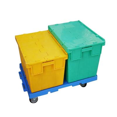 China Strong Heavy Duty Flatbed Warehouse Trolley Plastic Cargo Cart Plastic Trolley for sale