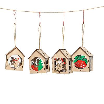 China Wood Mini Custom LED Christmas Ornament House ODM Wood Hanging Baubles Laser Printed DIY Christmas Craft Slices for Decorative Use for sale