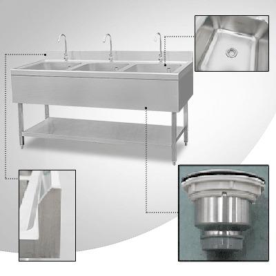 China SUS 201/304 Commercial Restaurant Kitchenware 5 Years Warranty Three Compartment S/S Commercial Sink With Under Shelf for sale